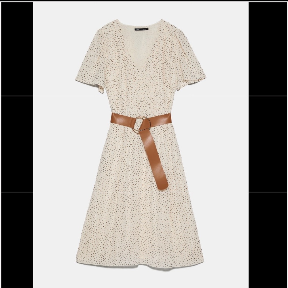Zara pleated midi belted dress beige Nwt med large - Picture 2 of 4